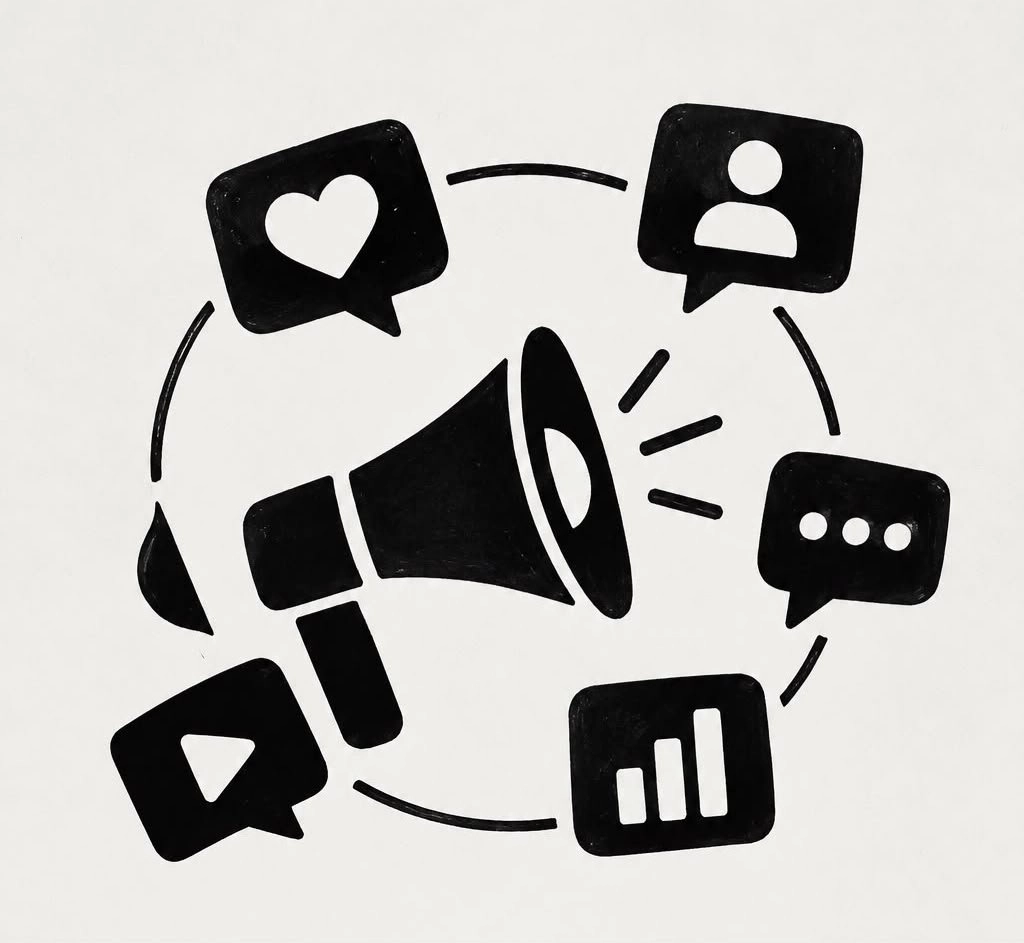 ALT Text: Best freelance digital marketing expert in Palakkad – black-and-white illustration of a megaphone surrounded by social media icons, likes, comments, video, and analytics symbols.