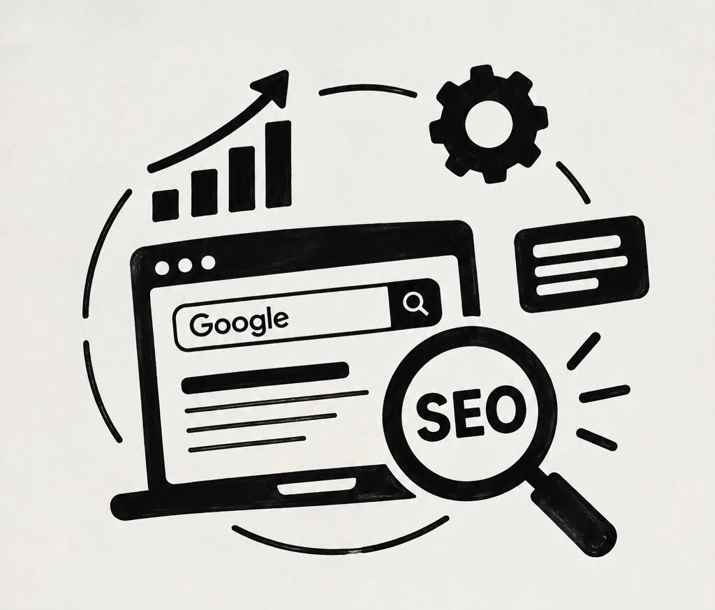 ALT Text: Best freelance digital marketing expert in Palakkad – black-and-white illustration of SEO optimization featuring a Google search bar, magnifying glass, growth chart, and website analytics icons.