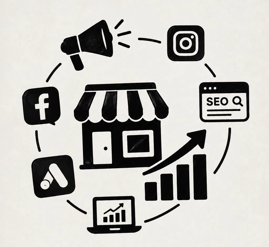 ALT Text: Best freelance digital marketing expert in Palakkad – black-and-white illustration of digital marketing for small businesses, featuring a storefront, social media icons, Google Ads, SEO, and website analytics.
